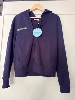 Pangaia Navy Zip-Up Hoodie with Subtle White Chest Text